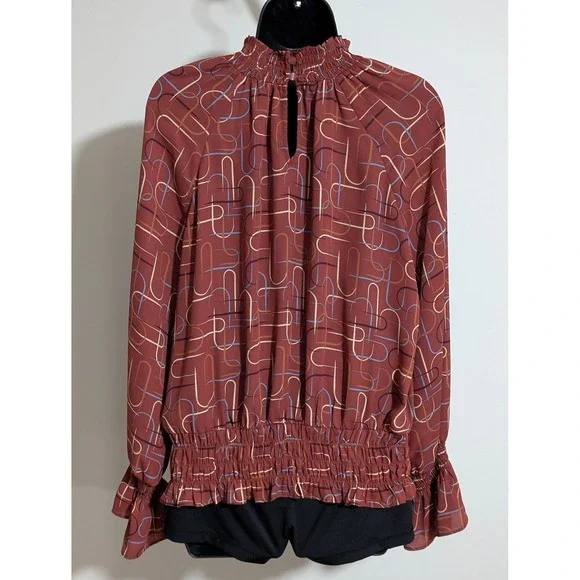 Worthington Long Sleeve Blouse Smocked Mock Neck Abstract Print Top Size L - Picture 2 of 8
